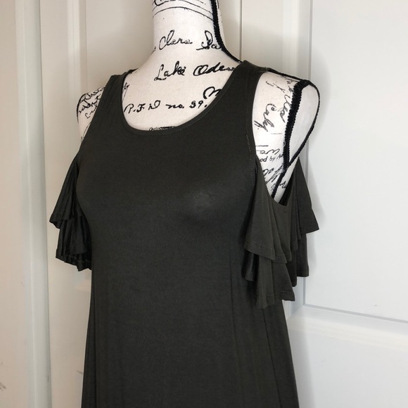 Olive Cold Shoulder Swing Dress Ruffled Sleeves - Picture 2 of 9